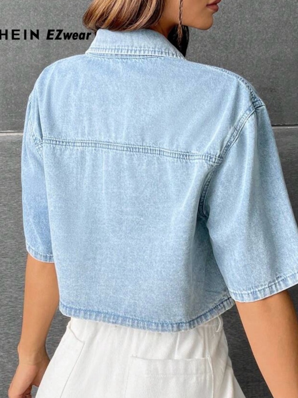 Forever 21 Light Blue Cropped Denim Button-Down Shirt - Picture 3 of 10